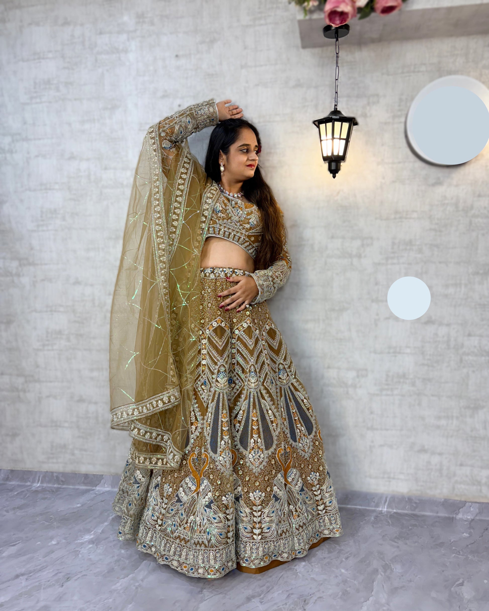 Goldish colour Soft Net Lehenga Choli with Coding Sequins Work