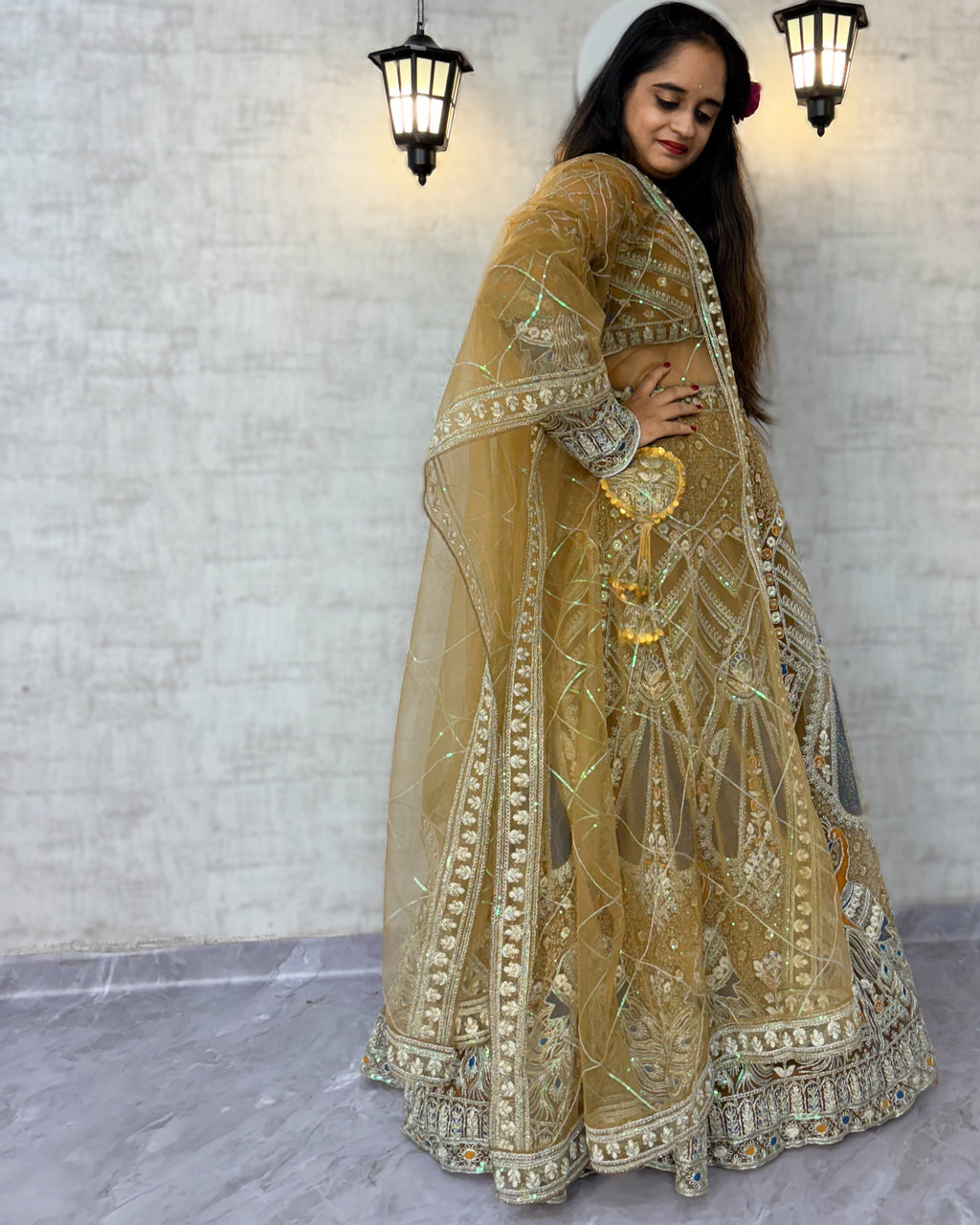 Goldish colour Soft Net Lehenga Choli with Coding Sequins Work