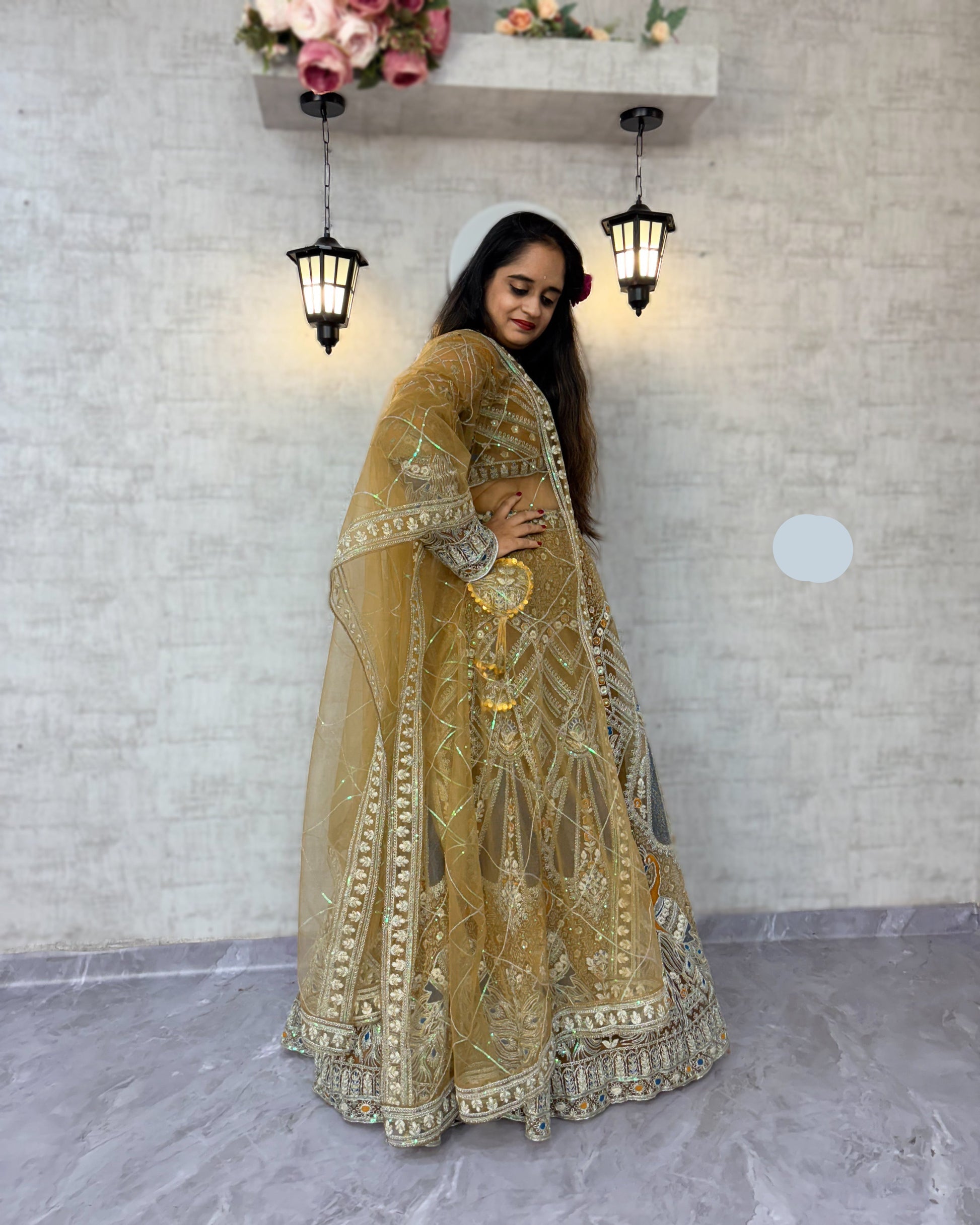 Goldish colour Soft Net Lehenga Choli with Coding Sequins Work