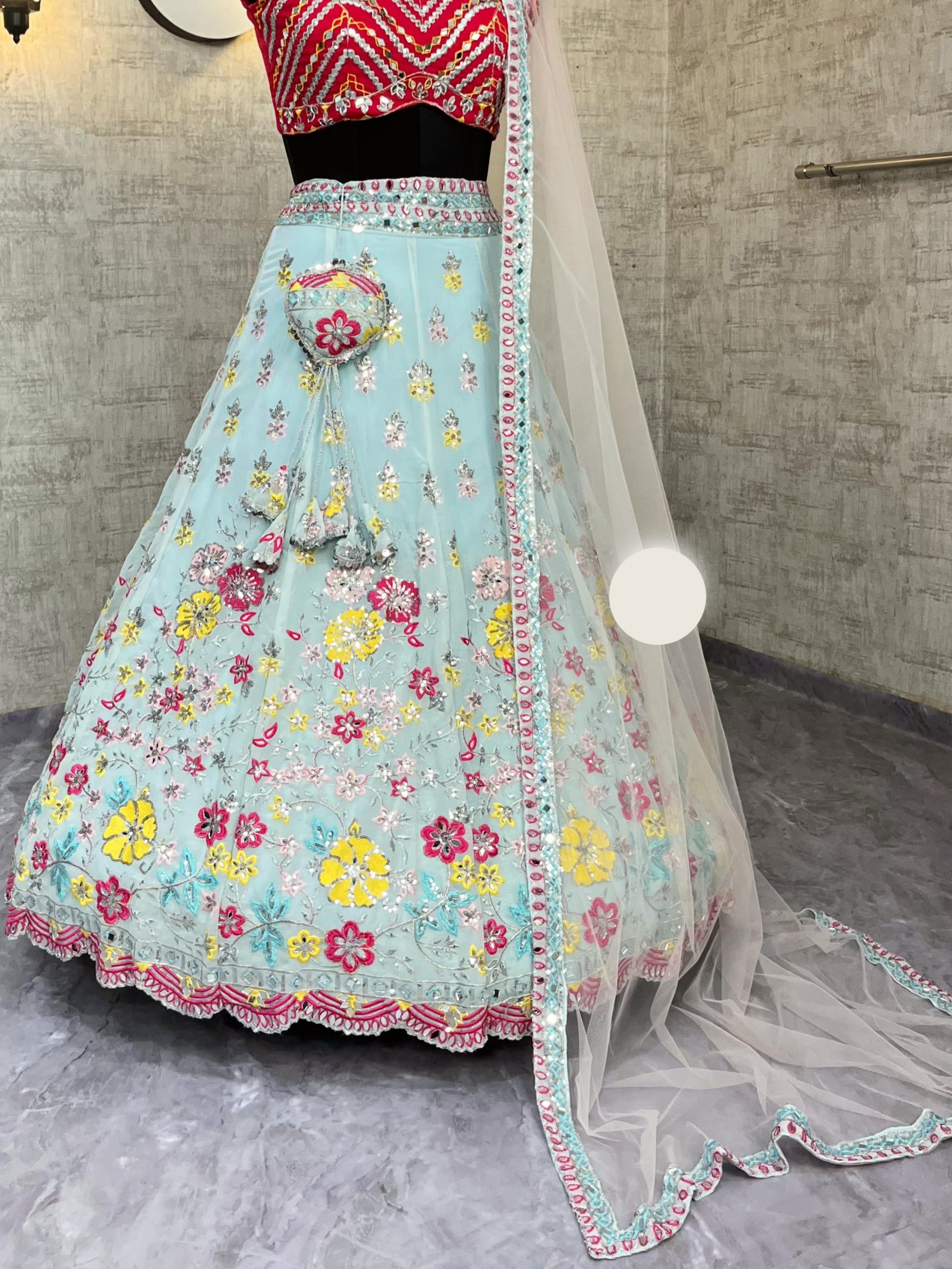 Fox Georgette Lehenga with Real Mirror Sequins Embroidery & Net Dupatta – Semi-Stitched Partywear Set