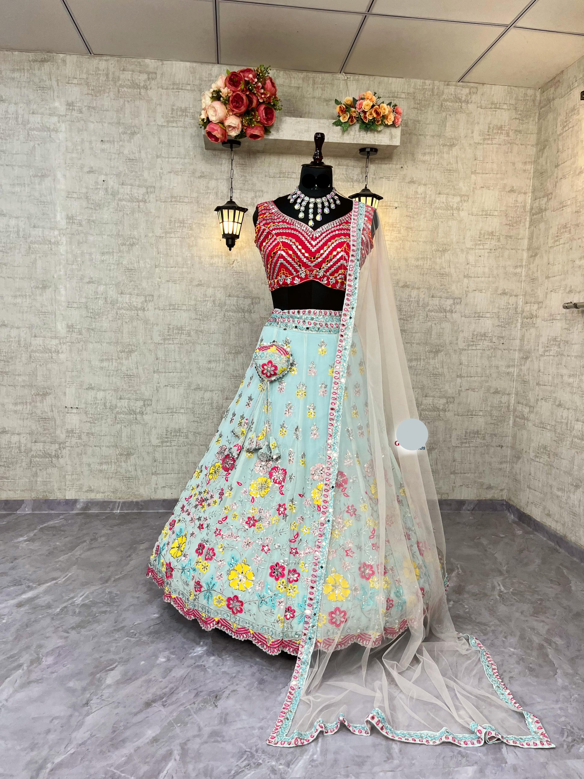 Fox Georgette Lehenga with Real Mirror Sequins Embroidery & Net Dupatta – Semi-Stitched Partywear Set