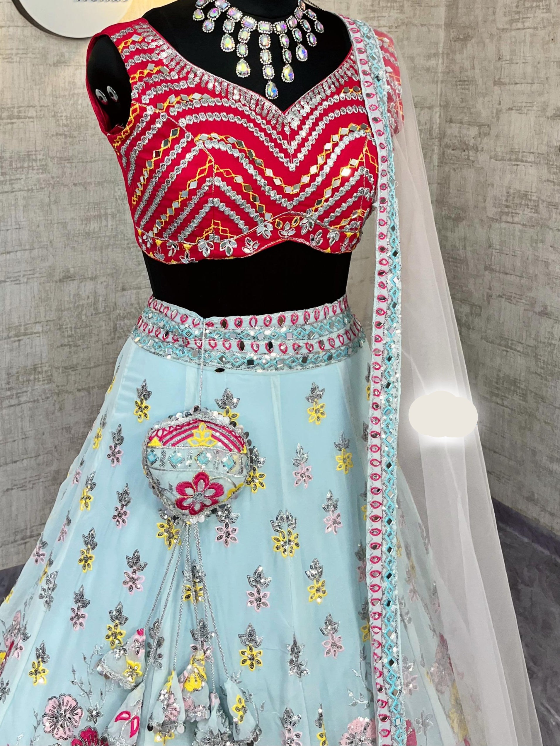 Fox Georgette Lehenga with Real Mirror Sequins Embroidery & Net Dupatta – Semi-Stitched Partywear Set