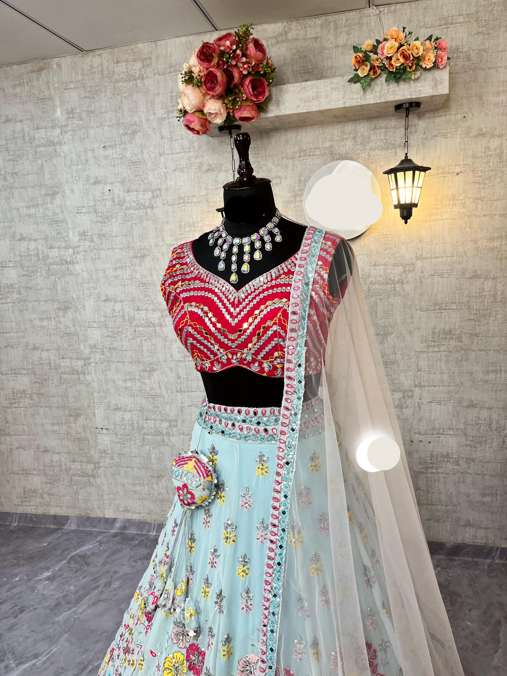 Fox Georgette Lehenga with Real Mirror Sequins Embroidery & Net Dupatta – Semi-Stitched Partywear Set