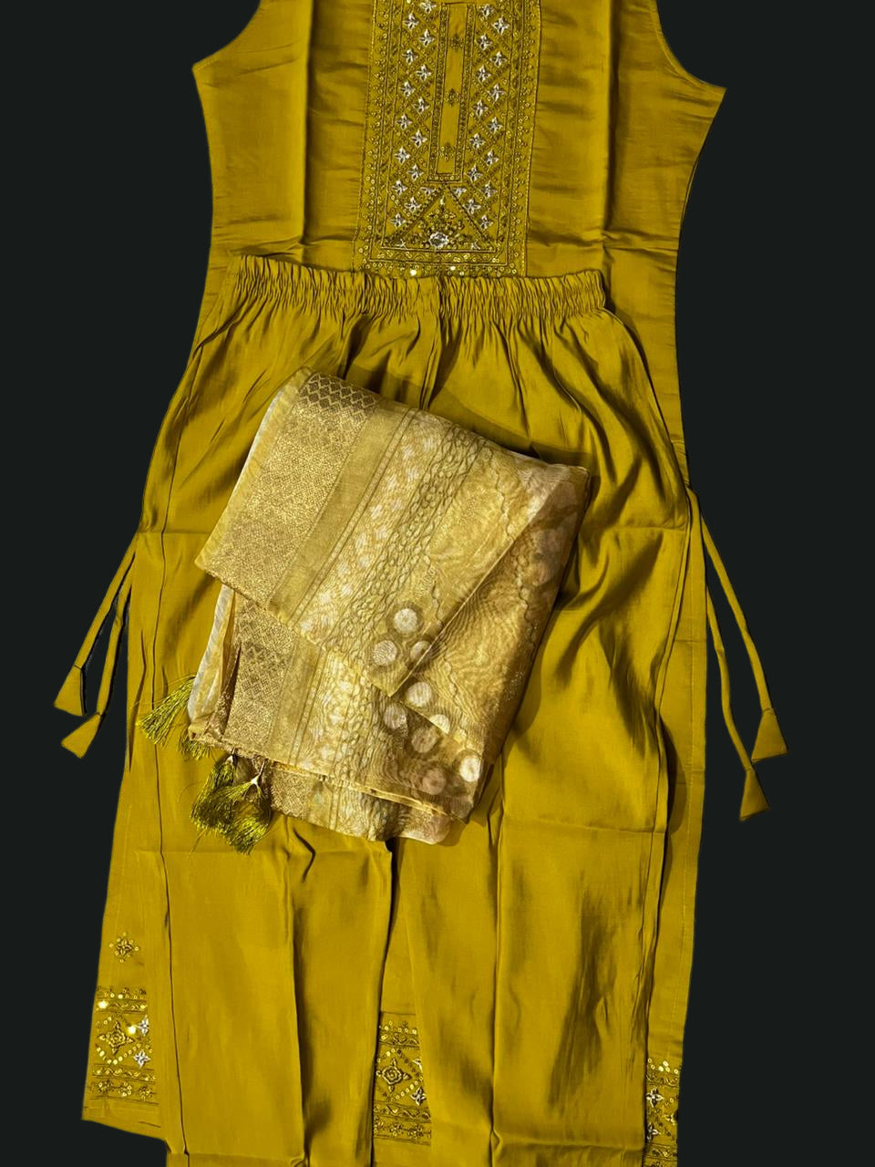 Women's 3 Piece Pure Cotton Embroidered Suit with Banarasi Dupatta – yellow