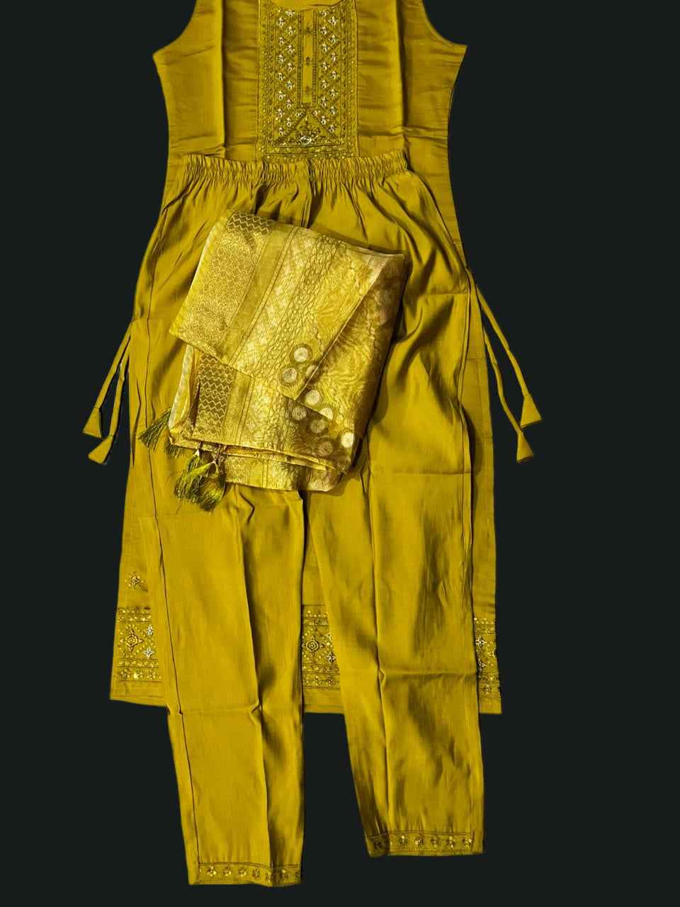 Women's 3 Piece Pure Cotton Embroidered Suit with Banarasi Dupatta – yellow