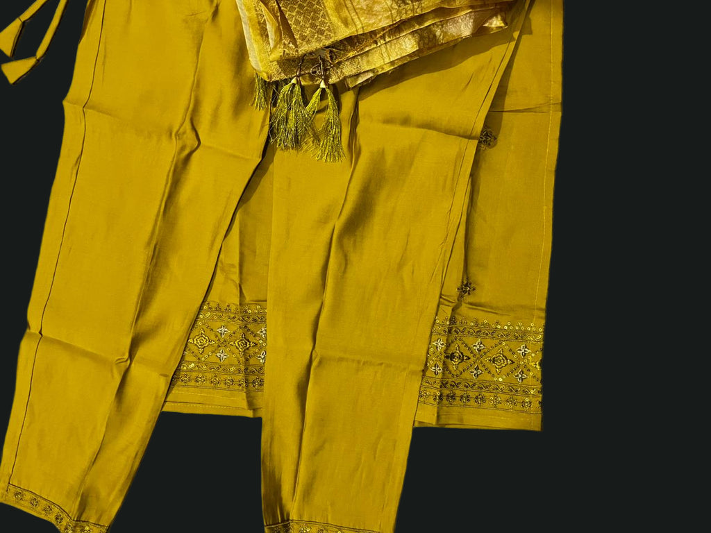 Women's 3 Piece Pure Cotton Embroidered Suit with Banarasi Dupatta – yellow
