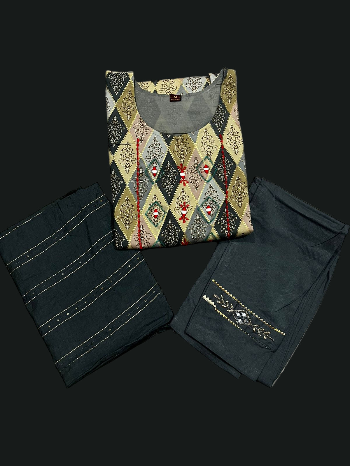 Women's 3 Piece Pure Cotton Printed Suit – Black Bottom with Designer Kurta & Dupatta