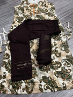 "Women's 3 Piece Pure Cotton Printed Suit – Brown Bottom & Dupatta with Paisley Embroidered Kurta"