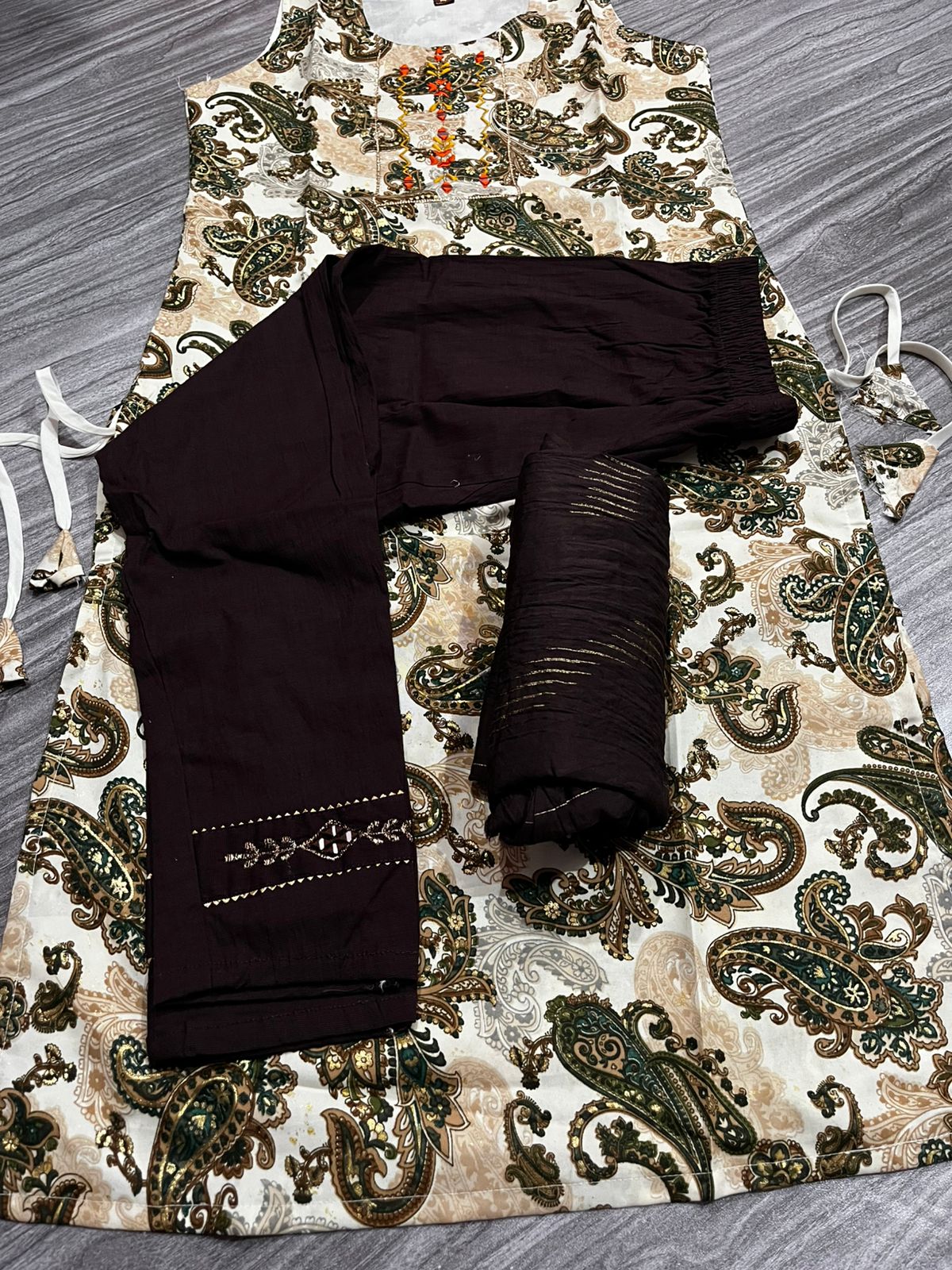 "Women's 3 Piece Pure Cotton Printed Suit – Brown Bottom & Dupatta with Paisley Embroidered Kurta"