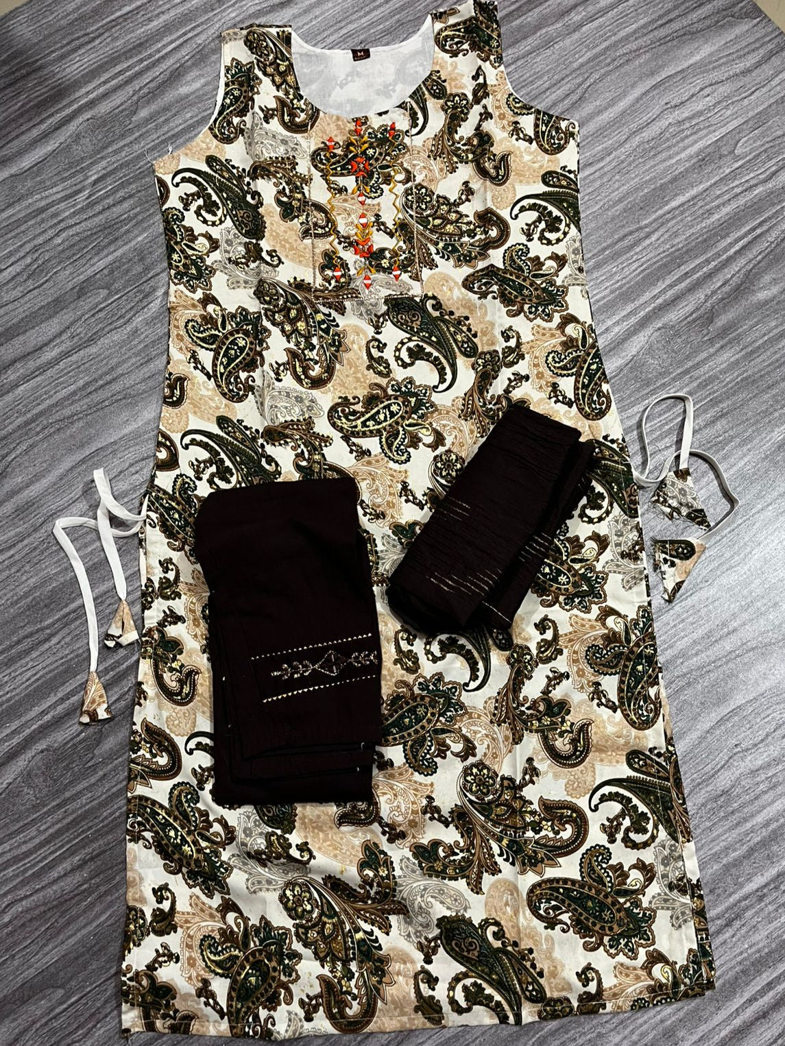 "Women's 3 Piece Pure Cotton Printed Suit – Brown Bottom & Dupatta with Paisley Embroidered Kurta"