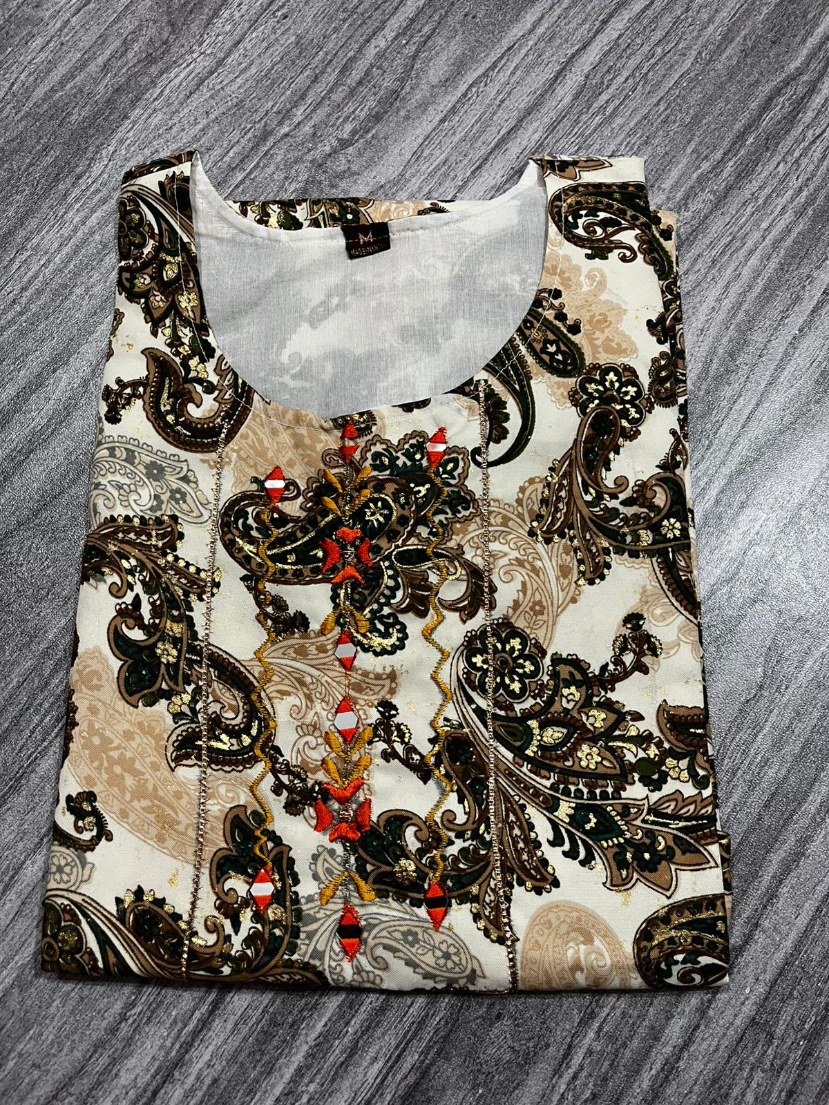 "Women's 3 Piece Pure Cotton Printed Suit – Brown Bottom & Dupatta with Paisley Embroidered Kurta"