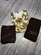 "Women's 3 Piece Pure Cotton Printed Suit – Brown Bottom & Dupatta with Paisley Embroidered Kurta"