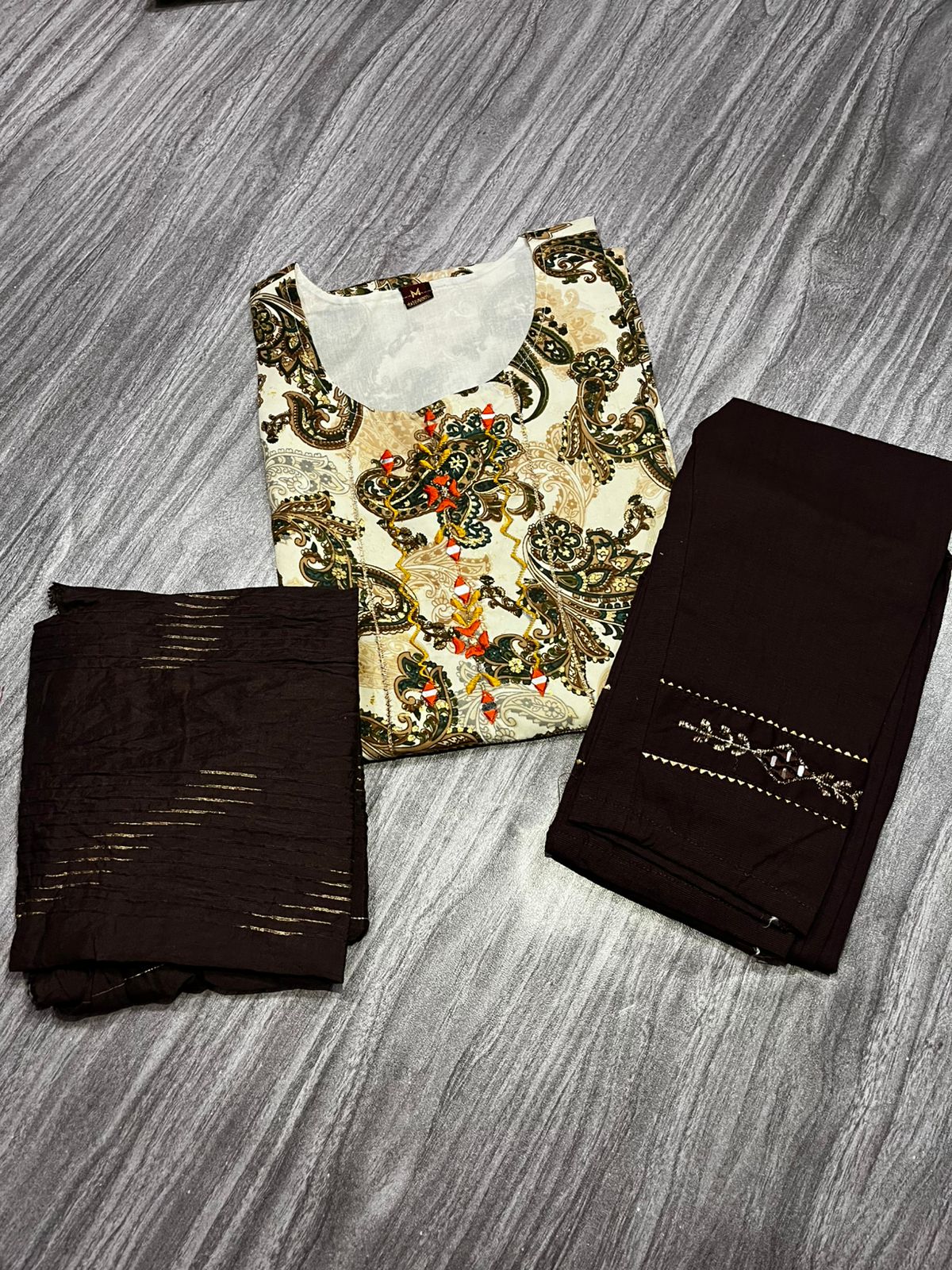 "Women's 3 Piece Pure Cotton Printed Suit – Brown Bottom & Dupatta with Paisley Embroidered Kurta"