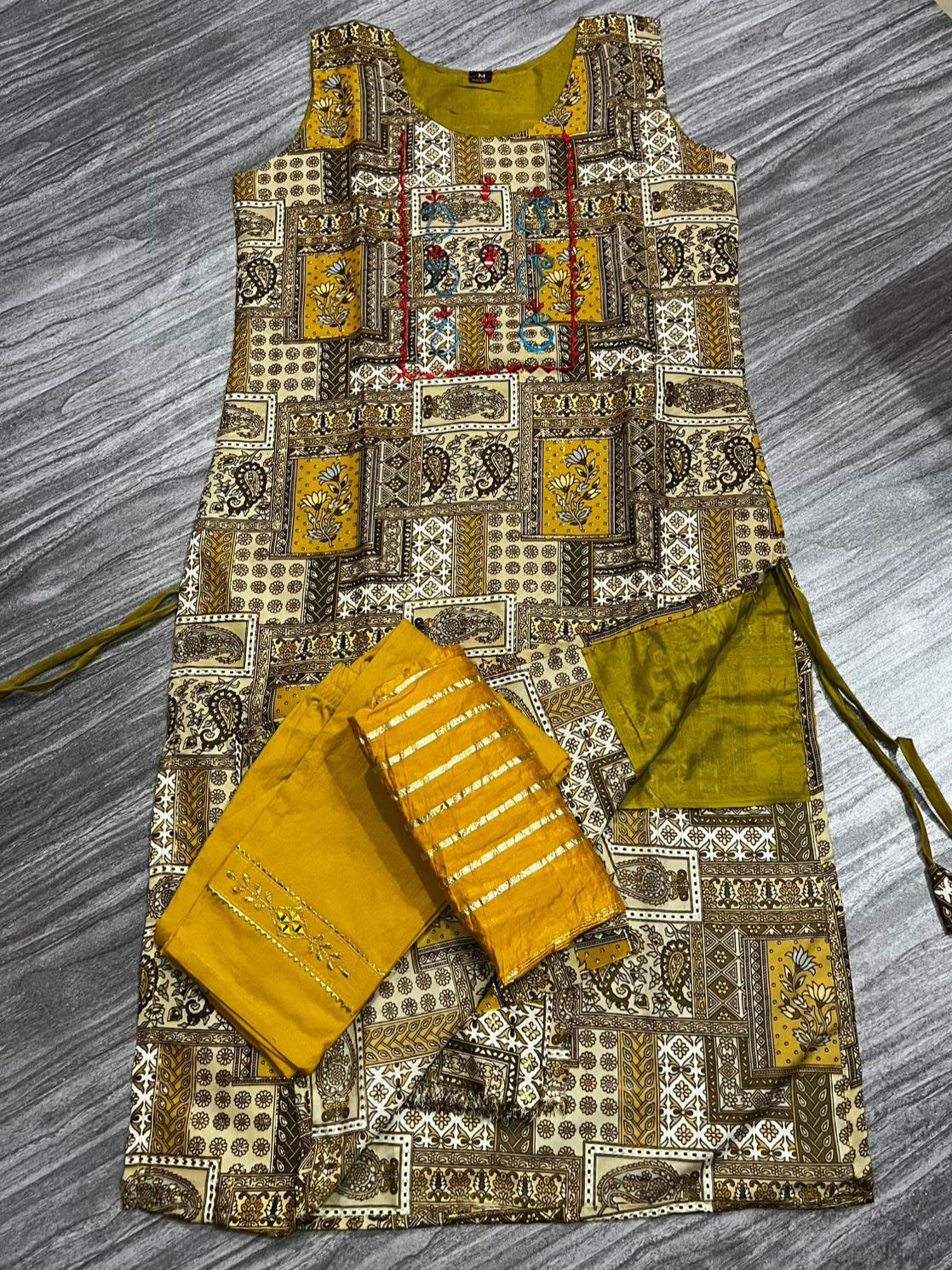 Women's 3 Piece Pure Cotton Printed Suit – Kurta with Embroidery, Bottom & Dupatta"