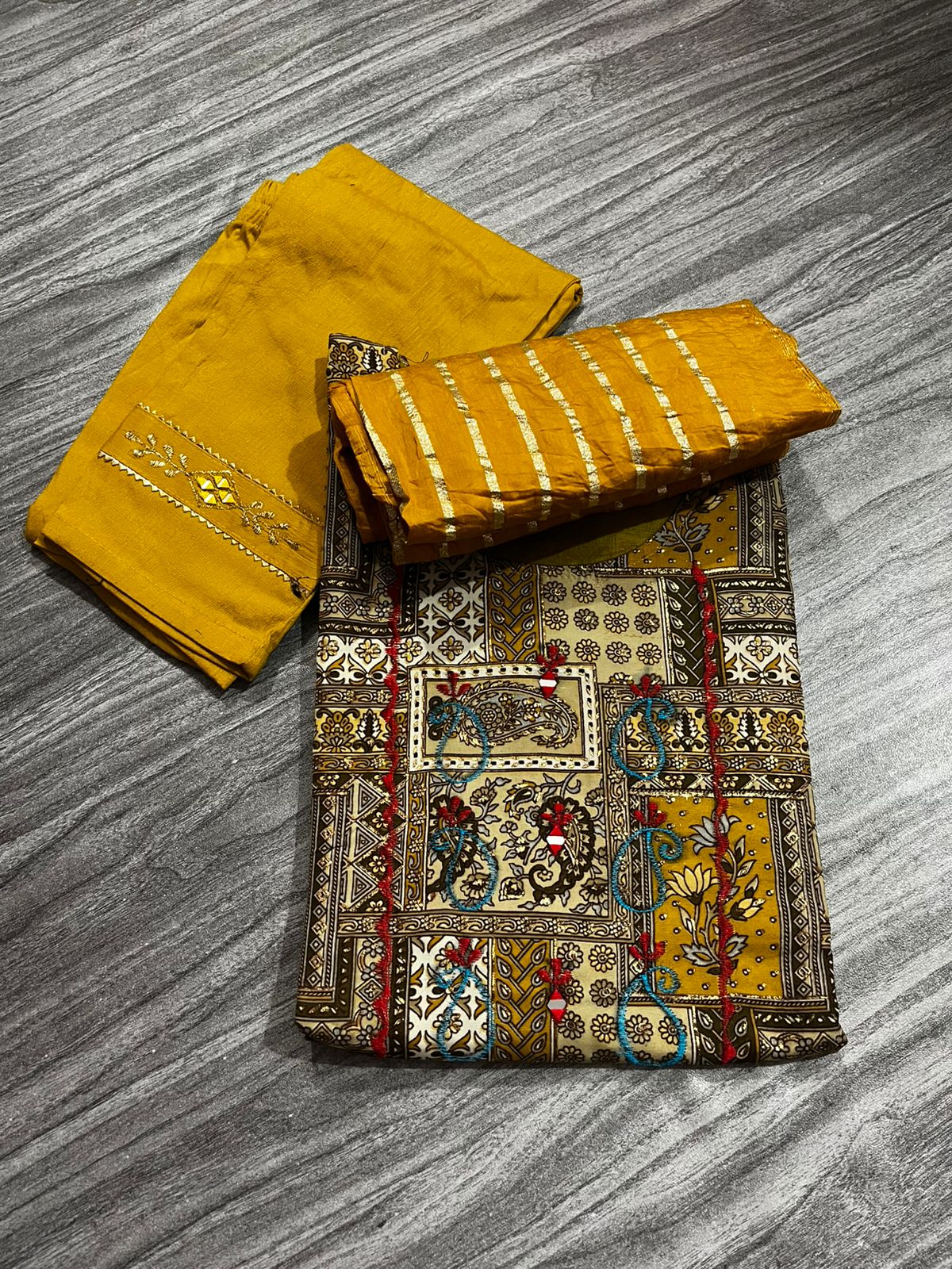 Women's 3 Piece Pure Cotton Printed Suit – Kurta with Embroidery, Bottom & Dupatta"