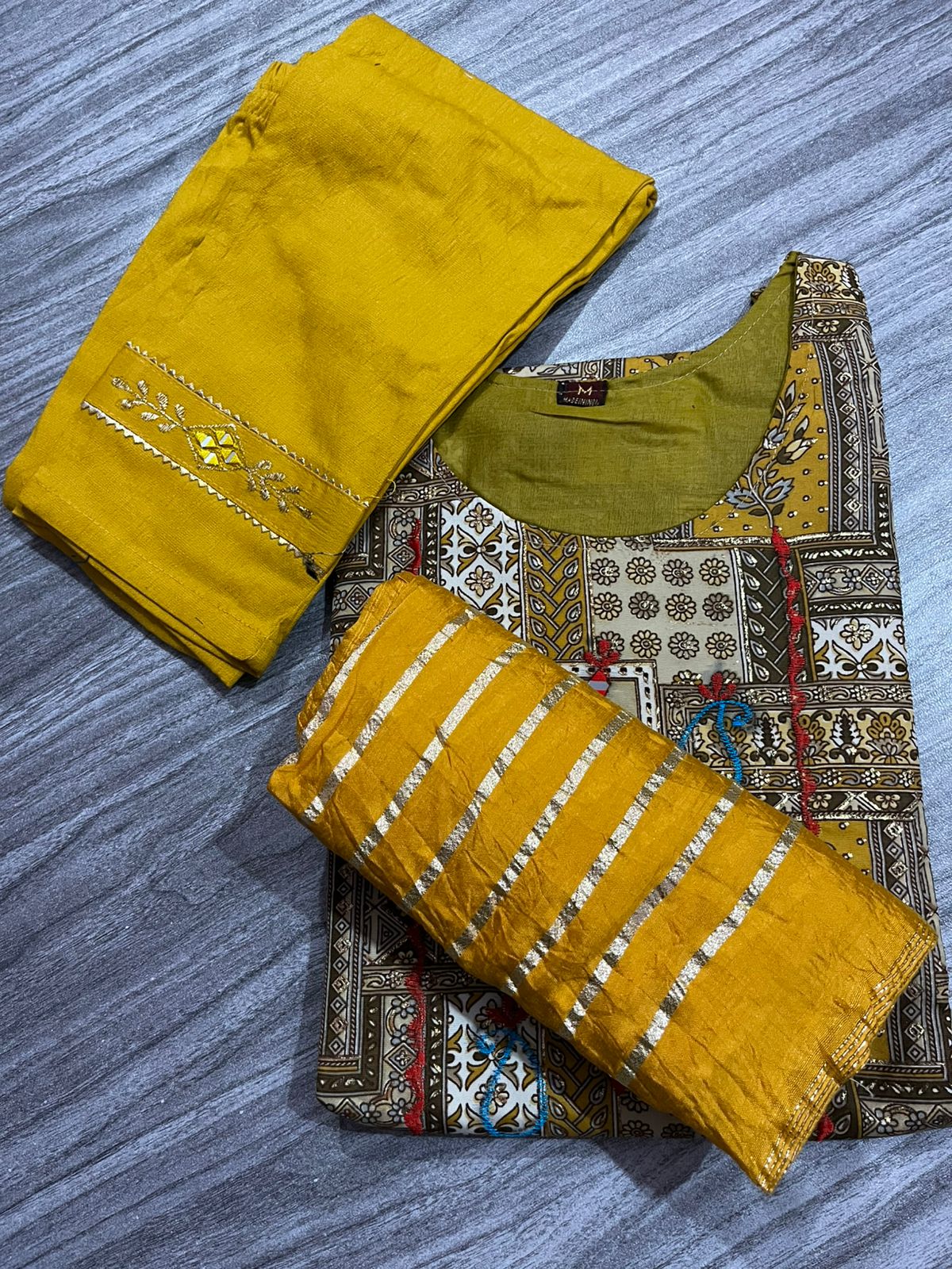 Women's 3 Piece Pure Cotton Printed Suit – Kurta with Embroidery, Bottom & Dupatta"