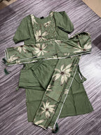 Women’s Green Floral Printed Kurti Set with Dupatta & Bottom – 3 Piece Suit