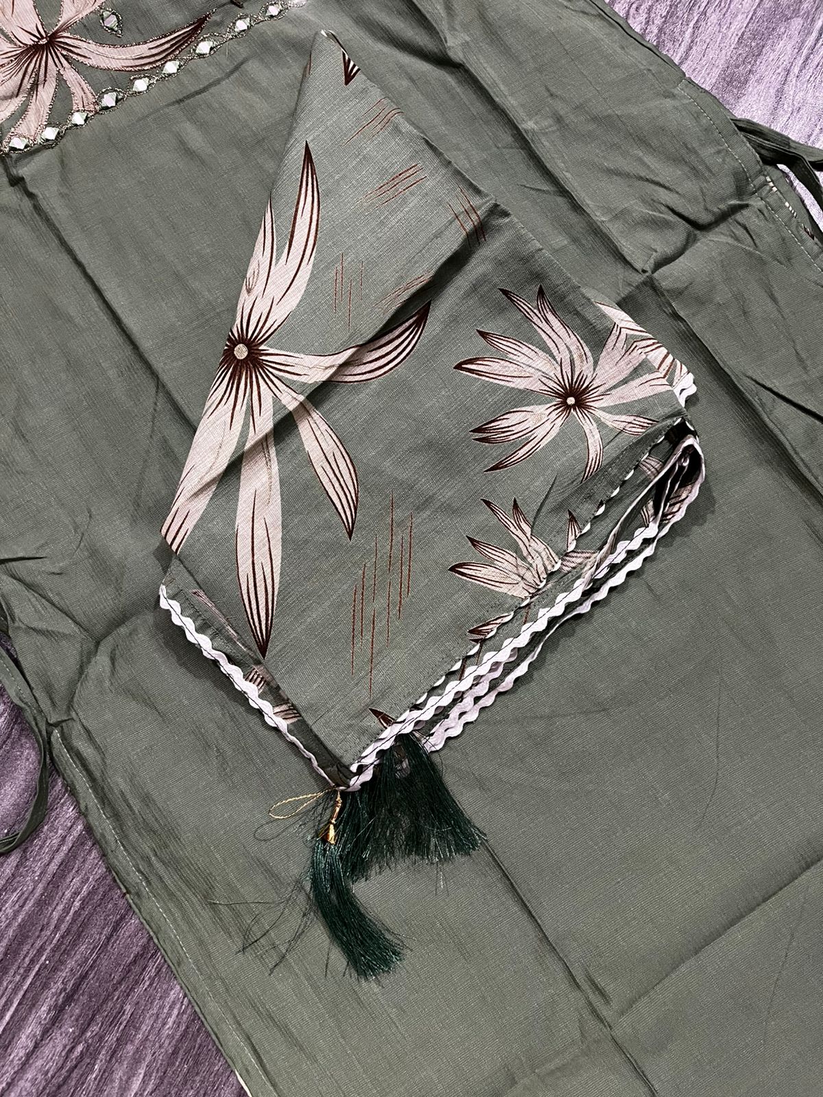 Women’s Green Floral Printed Kurti Set with Dupatta & Bottom – 3 Piece Suit