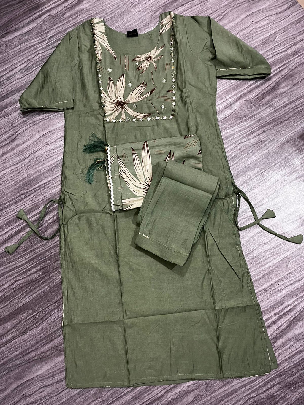 Women’s Green Floral Printed Kurti Set with Dupatta & Bottom – 3 Piece Suit