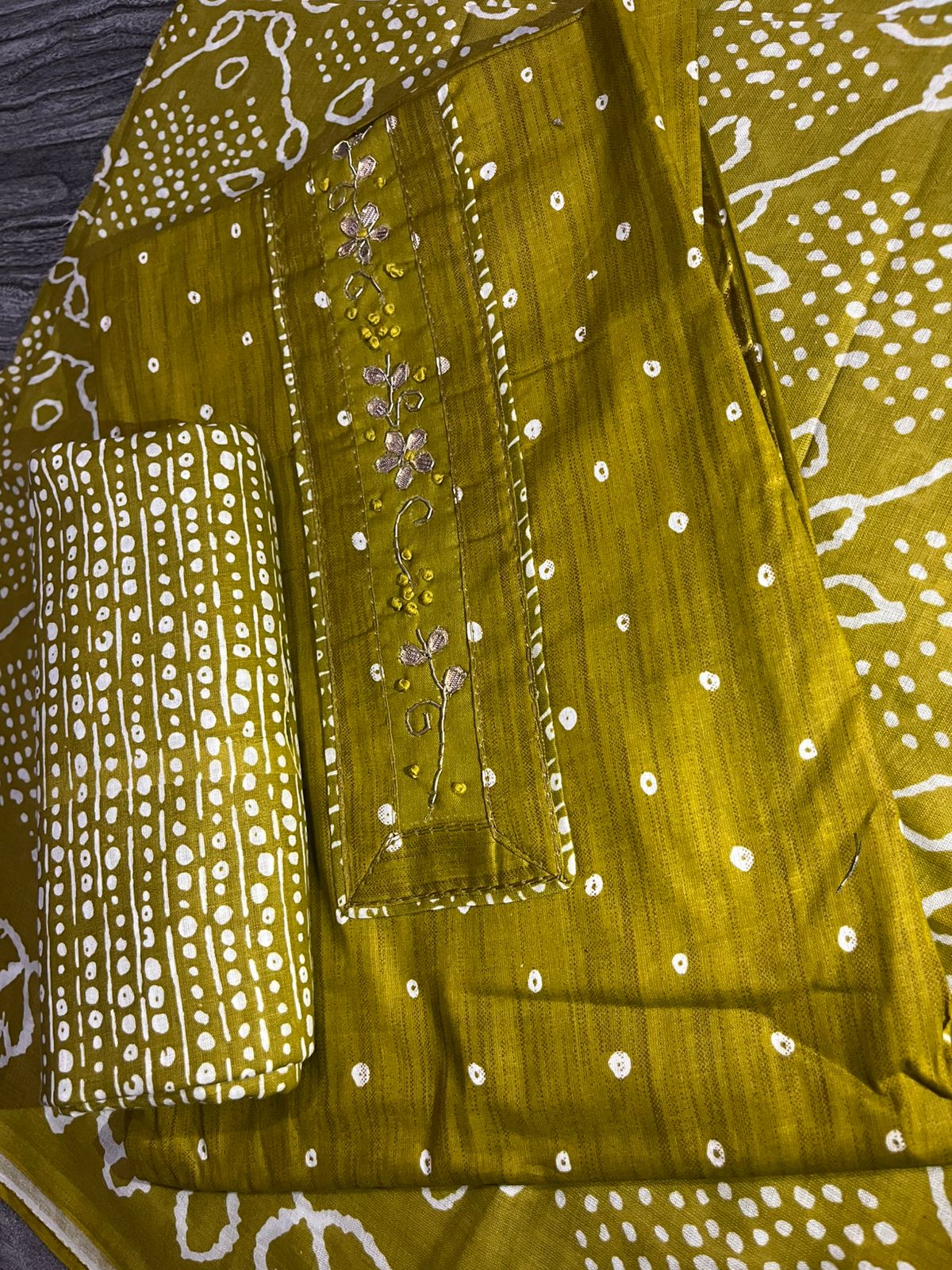 Women’s Mustard Yellow Bandhani Printed Dress Material – 3 Piece Unstitched Fabric Set