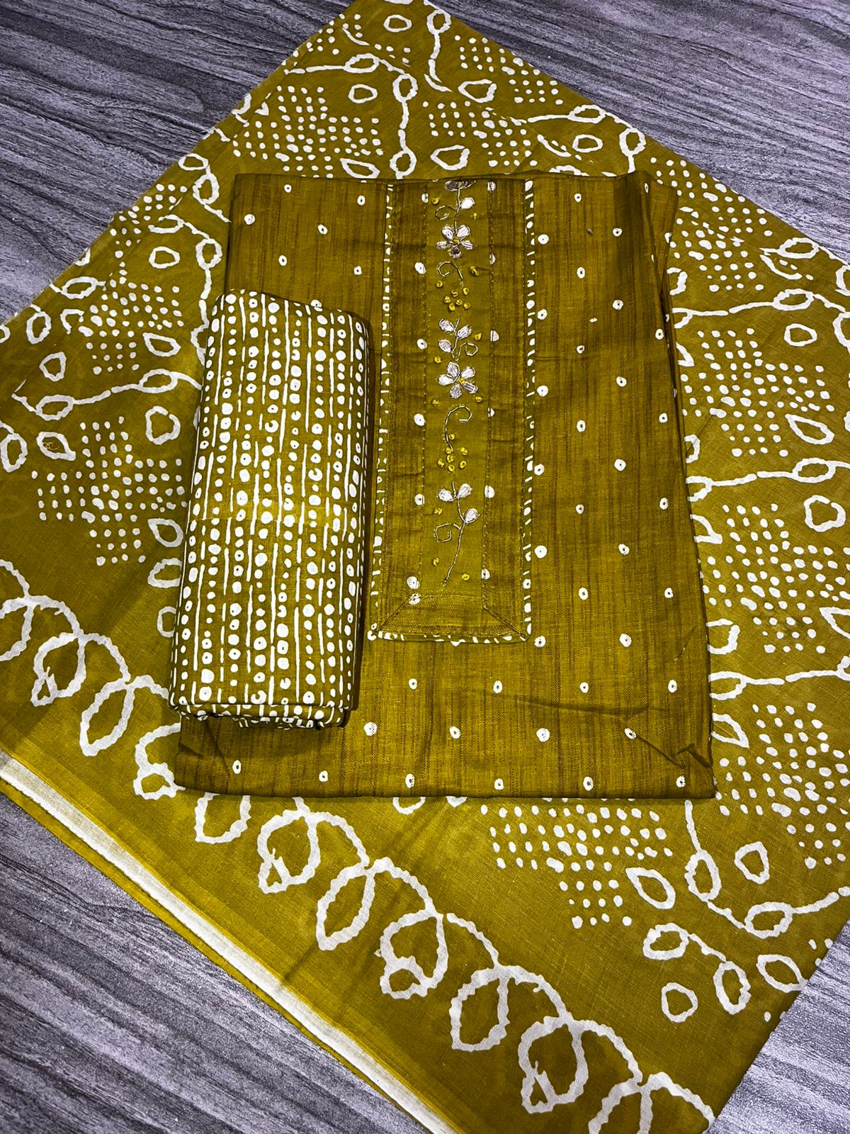 Women’s Mustard Yellow Bandhani Printed Dress Material – 3 Piece Unstitched Fabric Set
