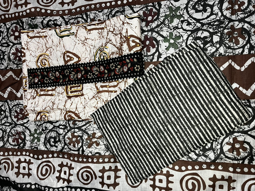 Women’s Brown & White Printed Dress Material with Embroidered Patch – 3 Piece Unstitched Fabric Set