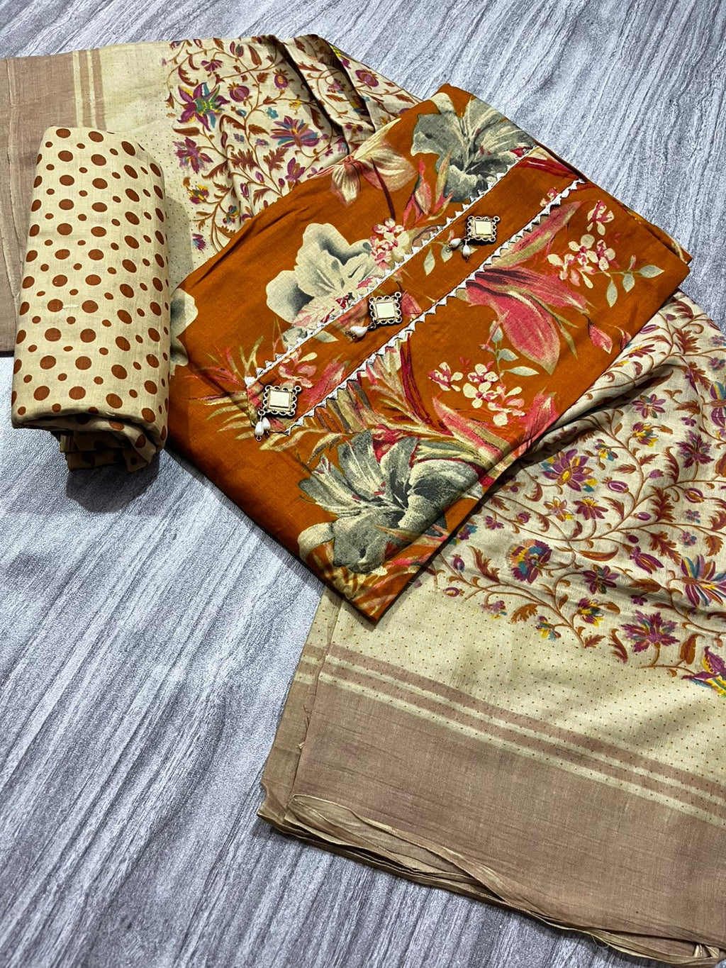 Women’s Cotton Printed Dress Material – 3 Piece Unstitched Fabric Set (Kurta, Bottom & Dupatta)