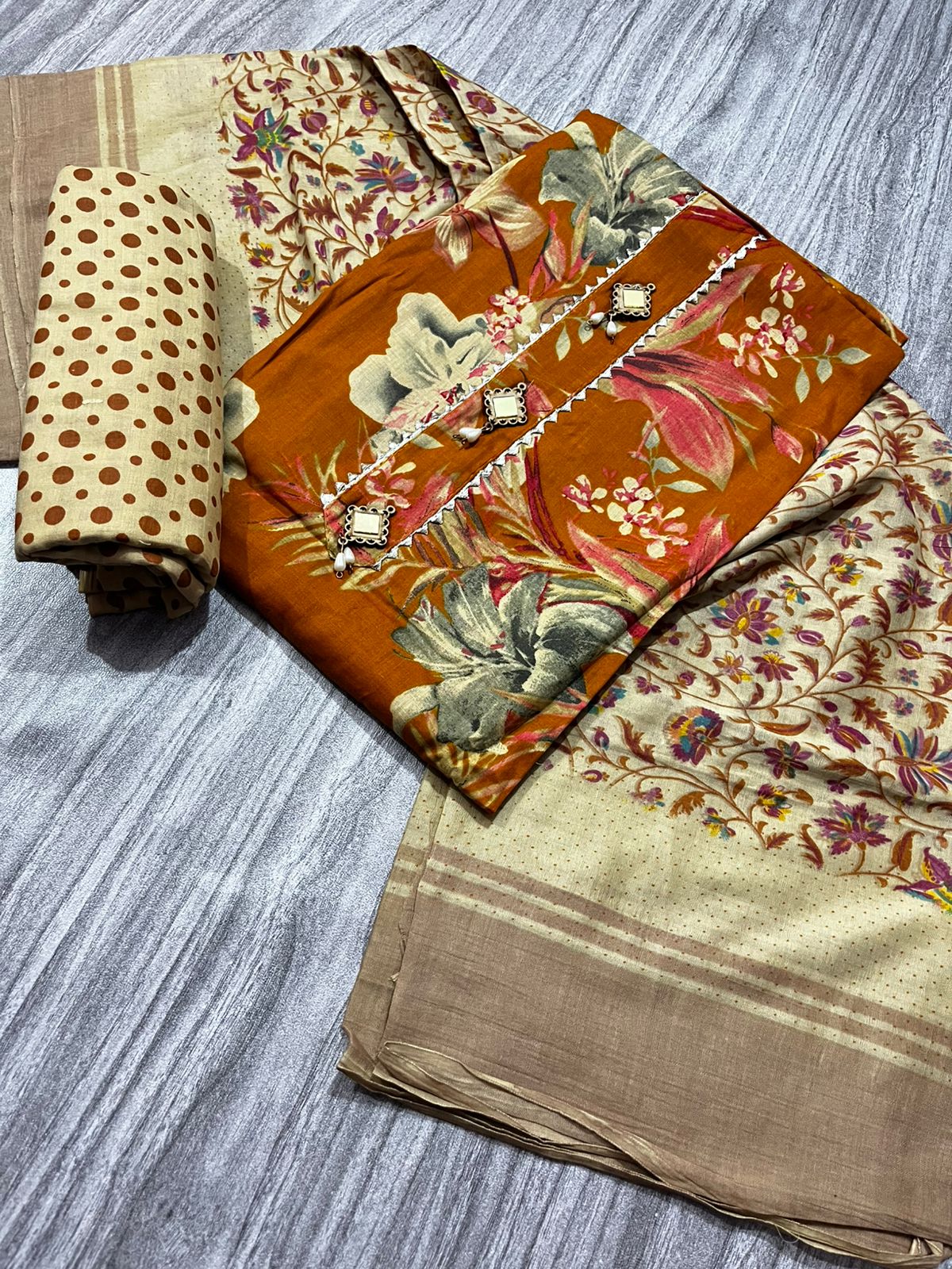 Women’s Cotton Printed Dress Material – 3 Piece Unstitched Fabric Set (Kurta, Bottom & Dupatta)