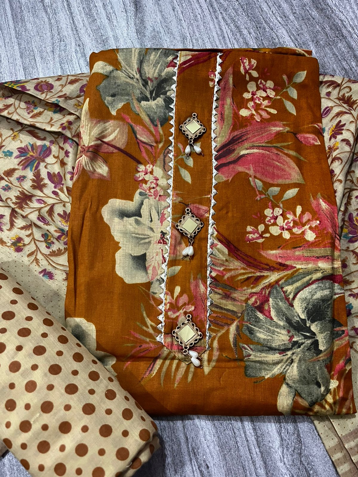 Women’s Cotton Printed Dress Material – 3 Piece Unstitched Fabric Set (Kurta, Bottom & Dupatta)