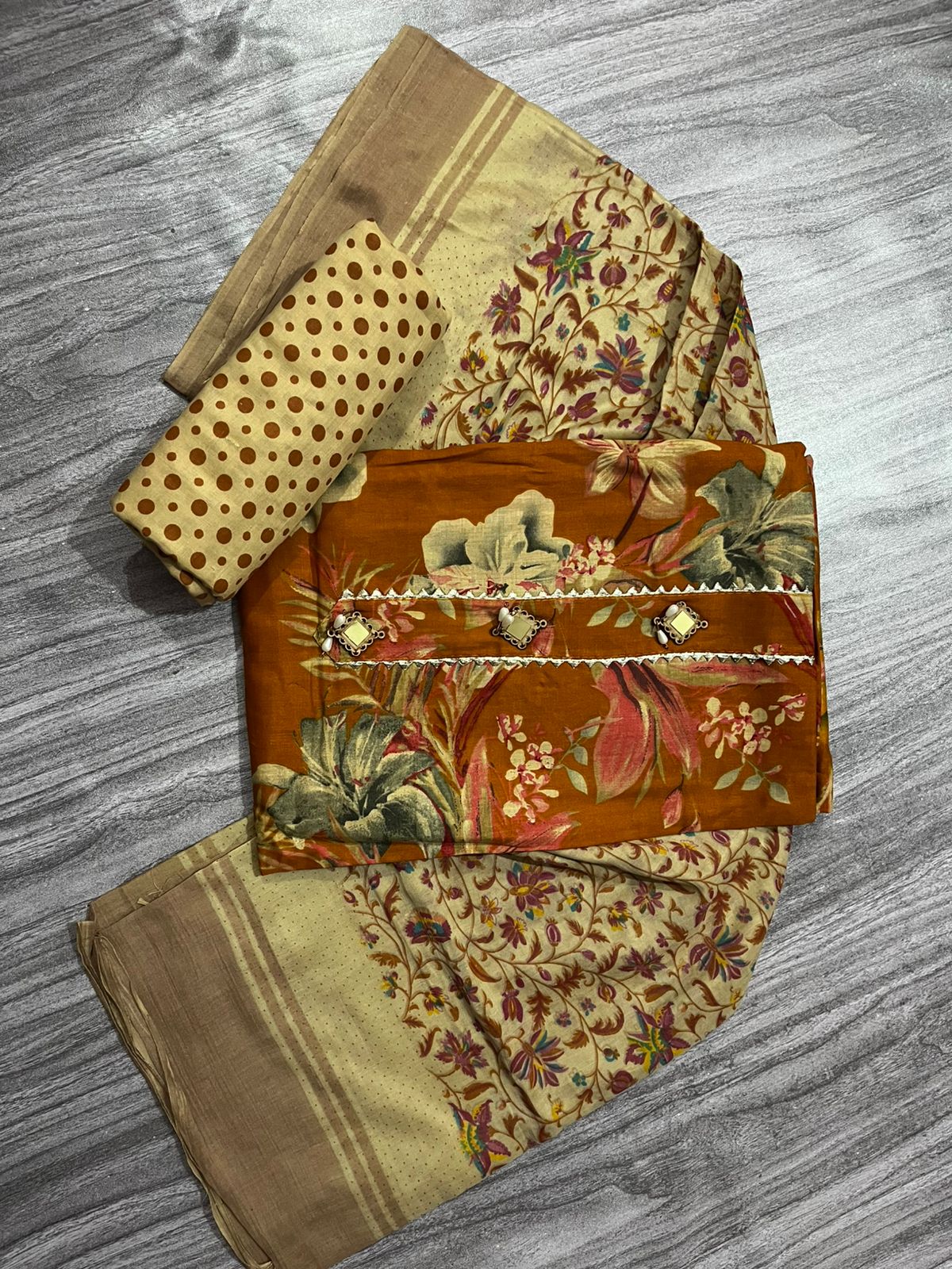 Women’s Cotton Printed Dress Material – 3 Piece Unstitched Fabric Set (Kurta, Bottom & Dupatta)