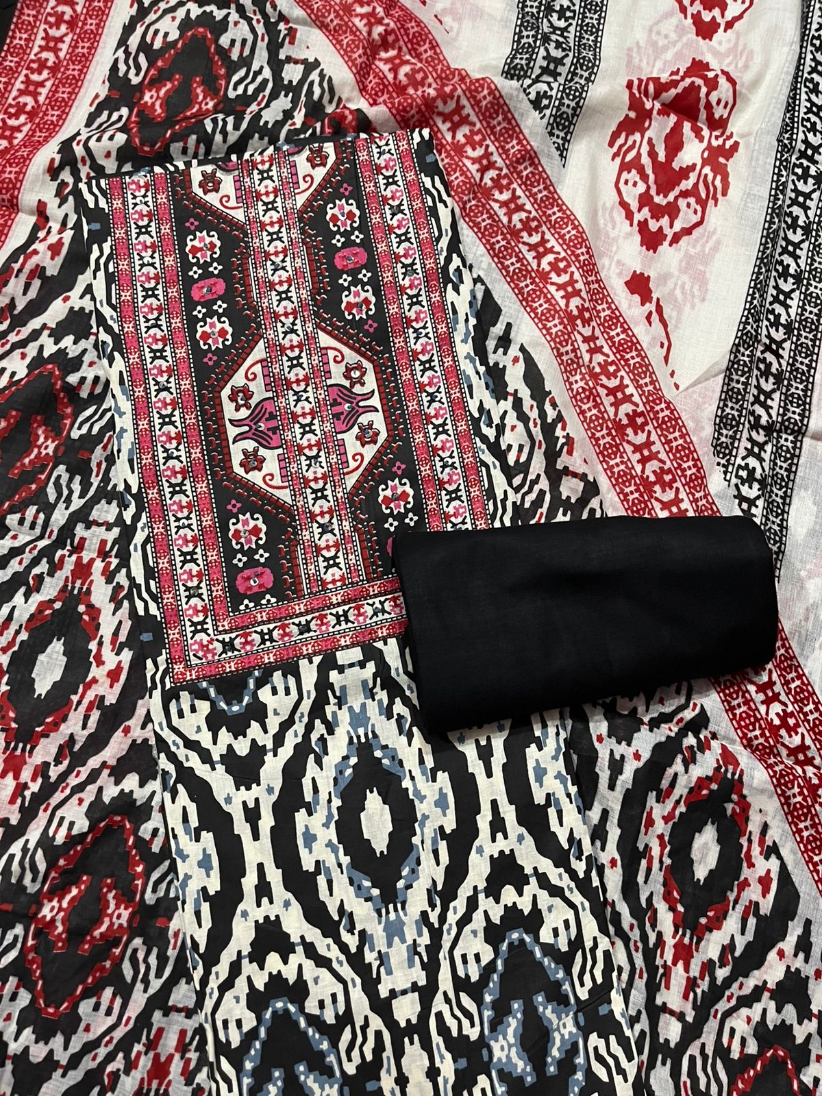 Black & Red Ikat Printed 3-Piece Fabric Set – Top, Bottom & Dupatta