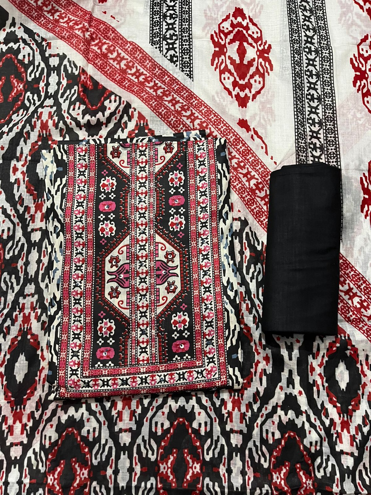 Black & Red Ikat Printed 3-Piece Fabric Set – Top, Bottom & Dupatta