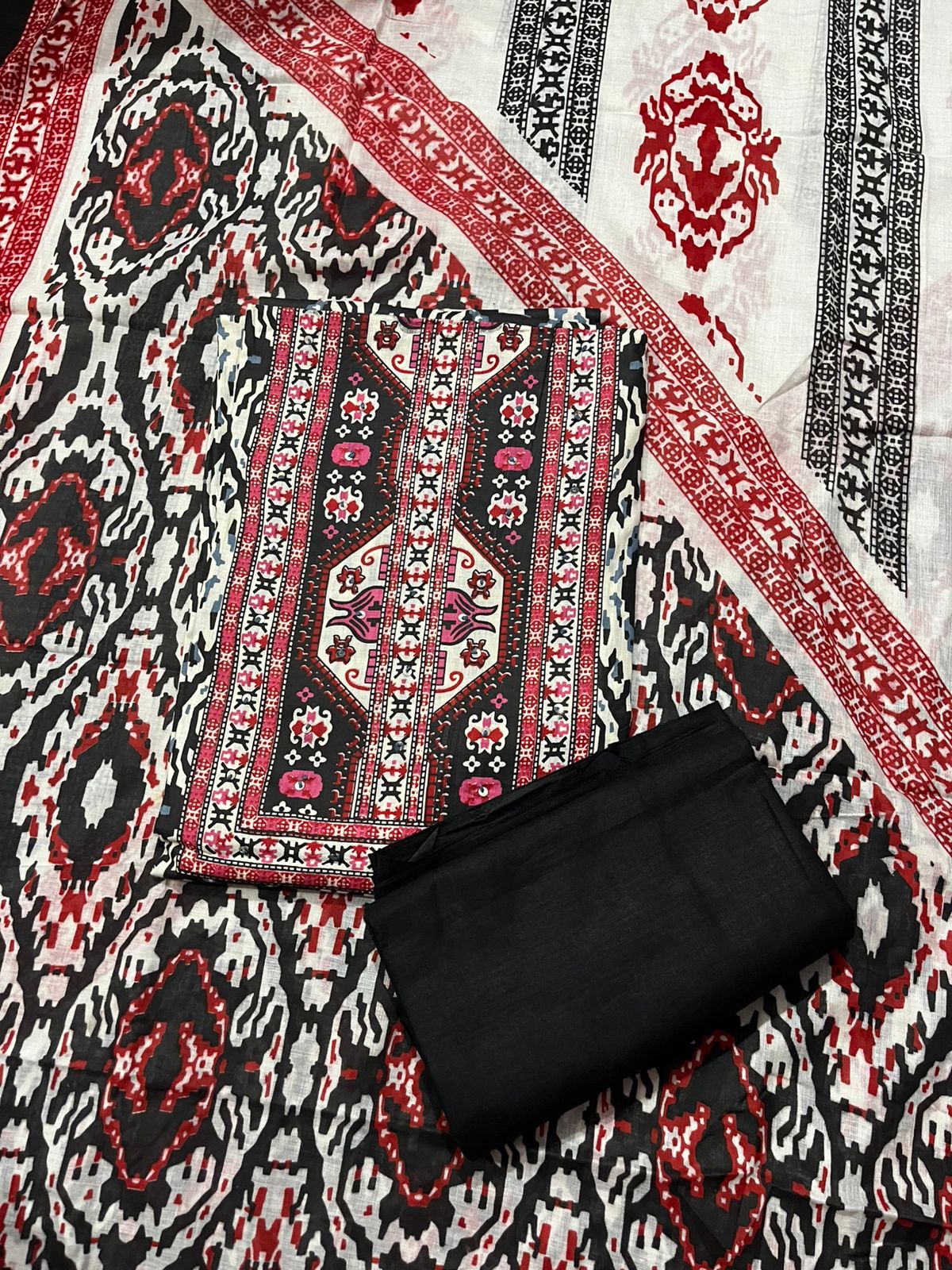 Black & Red Ikat Printed 3-Piece Fabric Set – Top, Bottom & Dupatta