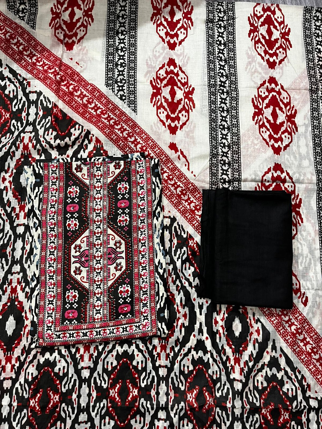 Black & Red Ikat Printed 3-Piece Fabric Set – Top, Bottom & Dupatta