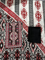 Black & Red Ikat Printed 3-Piece Fabric Set – Top, Bottom & Dupatta