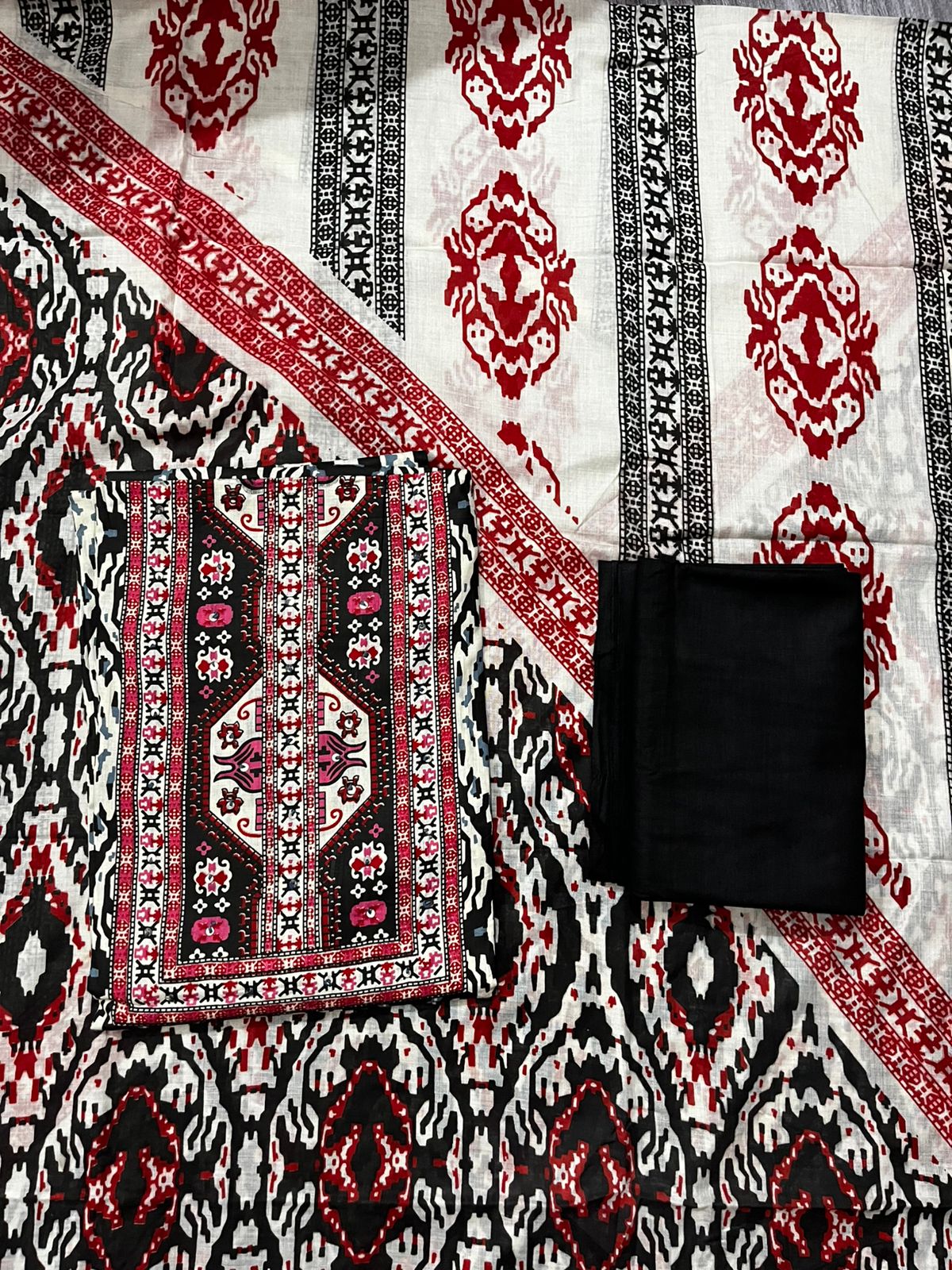Black & Red Ikat Printed 3-Piece Fabric Set – Top, Bottom & Dupatta