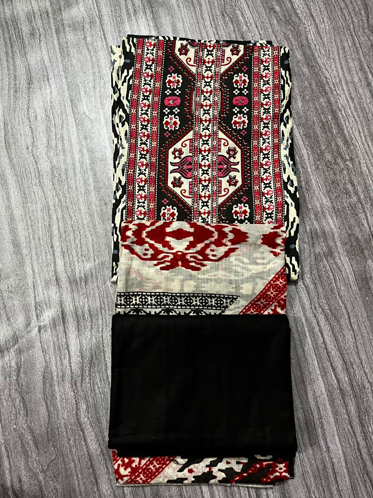 Black & Red Ikat Printed 3-Piece Fabric Set – Top, Bottom & Dupatta