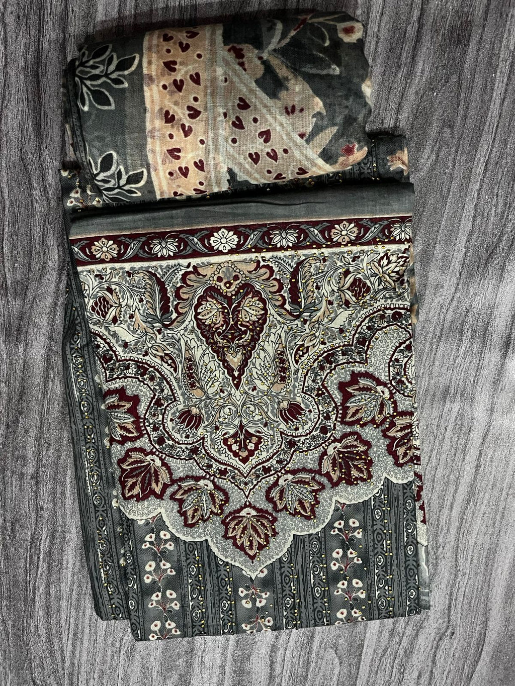 Grey & Maroon Printed 3-Piece Fabric Set – Top, Bottom & Dupatta