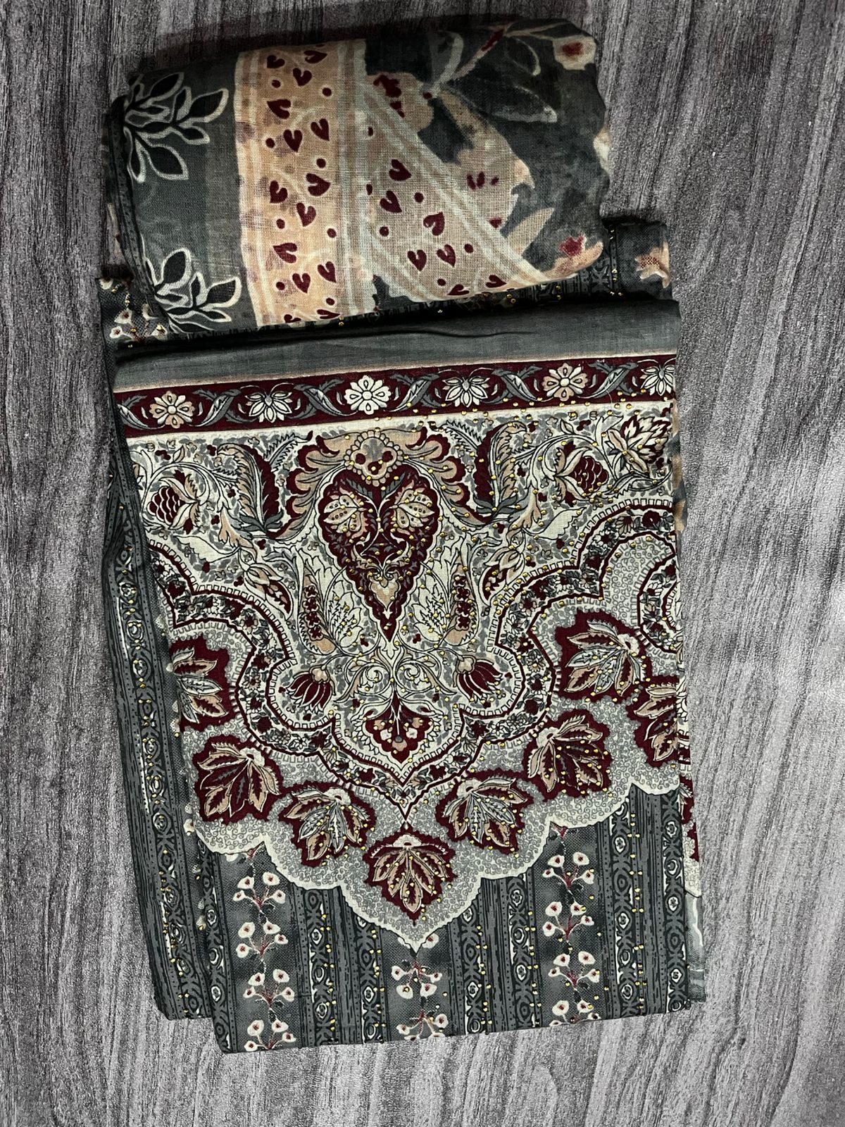 Grey & Maroon Printed 3-Piece Fabric Set – Top, Bottom & Dupatta