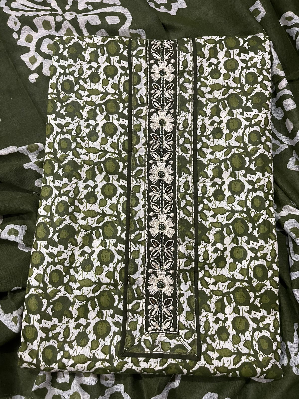 Olive Green Cotton 3-Piece Fabric Suit