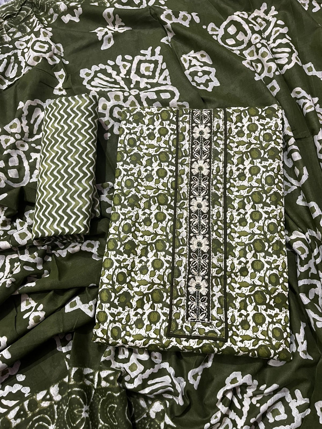 Olive Green Cotton 3-Piece Fabric Suit