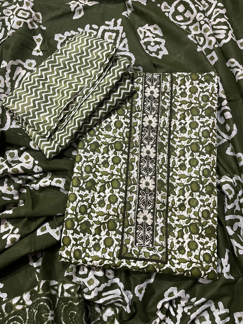Olive Green Cotton 3-Piece Fabric Suit