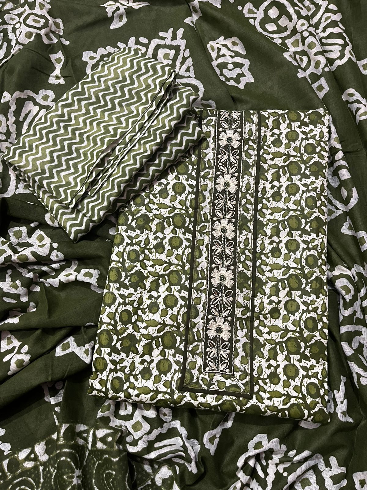 Olive Green Cotton 3-Piece Fabric Suit