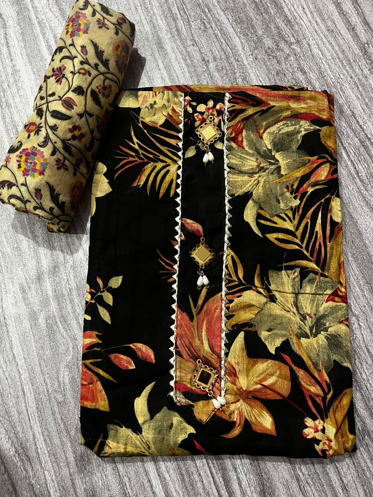 Black & Beige Floral Cotton 3-Piece fabric Suit