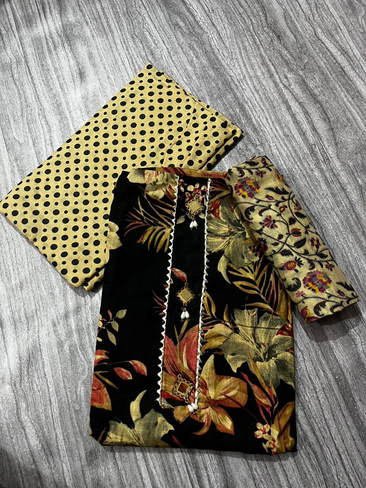 Black & Beige Floral Cotton 3-Piece fabric Suit