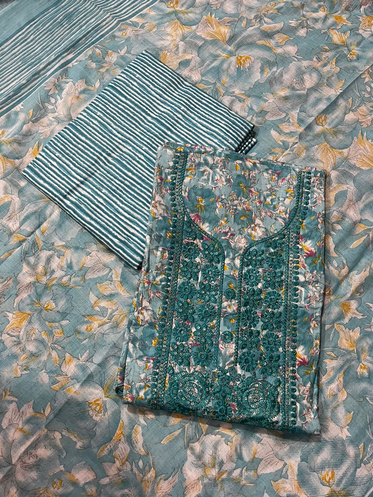 Sky Blue Floral Embroidered Cotton 3-Piece Suit