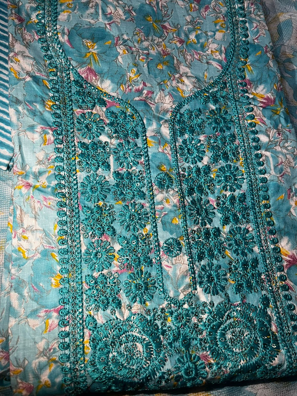 Sky Blue Floral Embroidered Cotton 3-Piece Suit