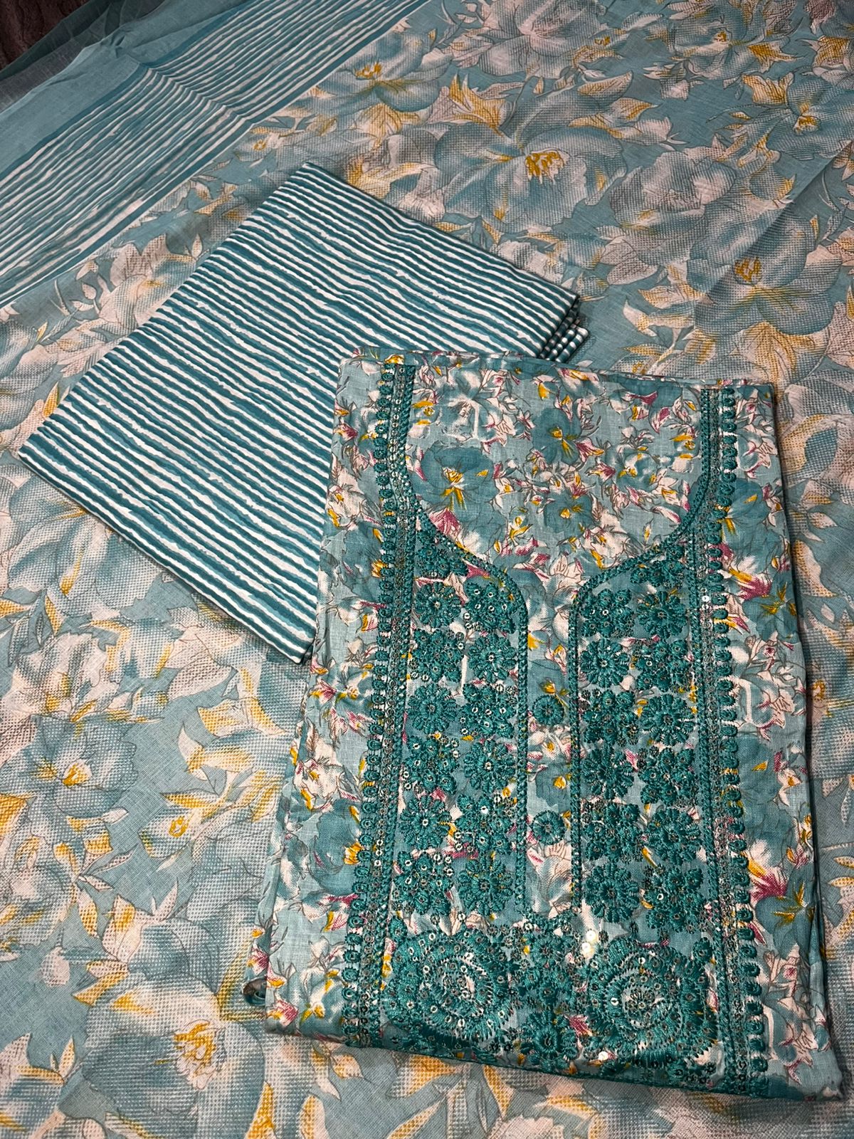Sky Blue Floral Embroidered Cotton 3-Piece Suit