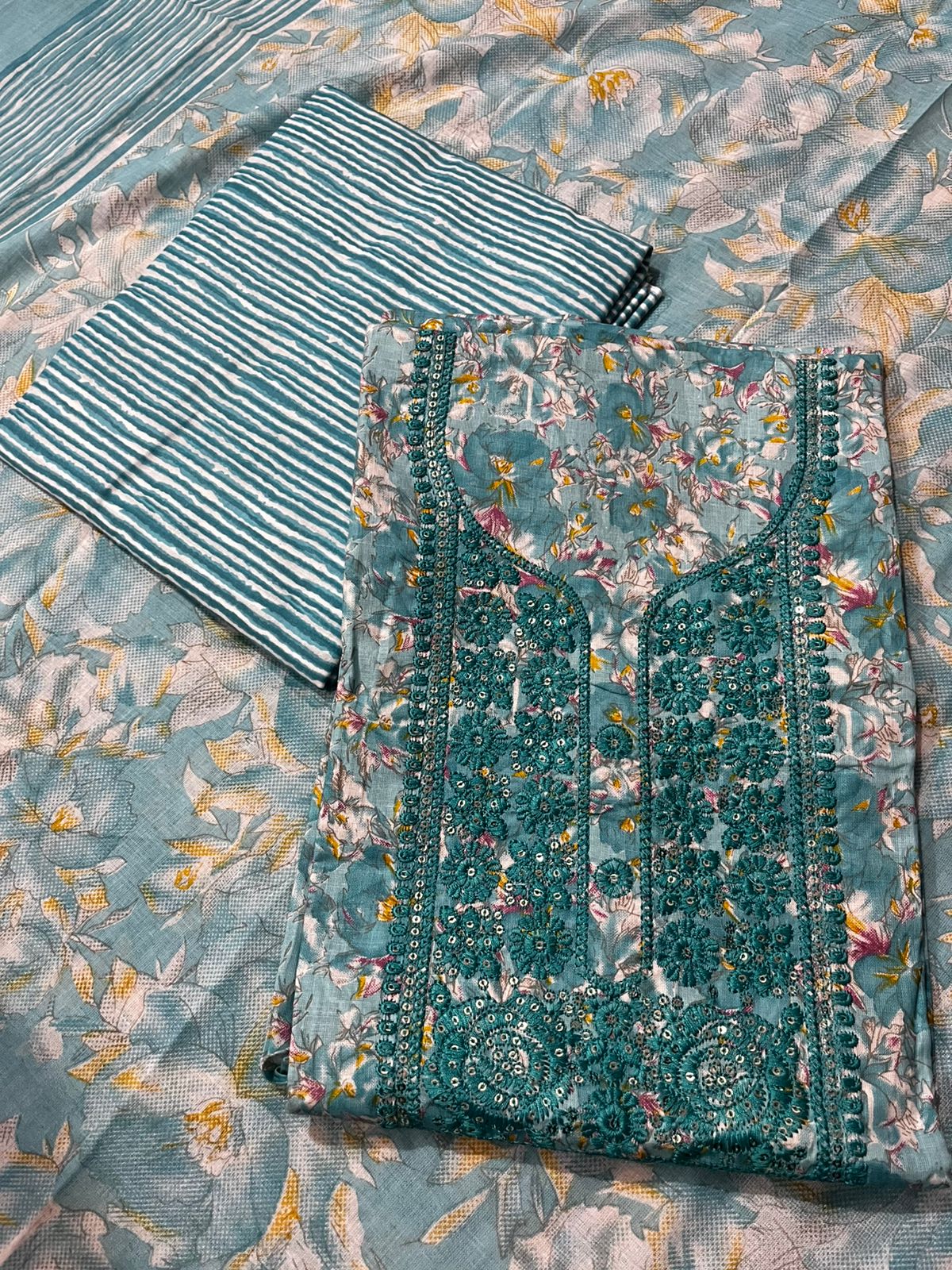 Sky Blue Floral Embroidered Cotton 3-Piece Suit