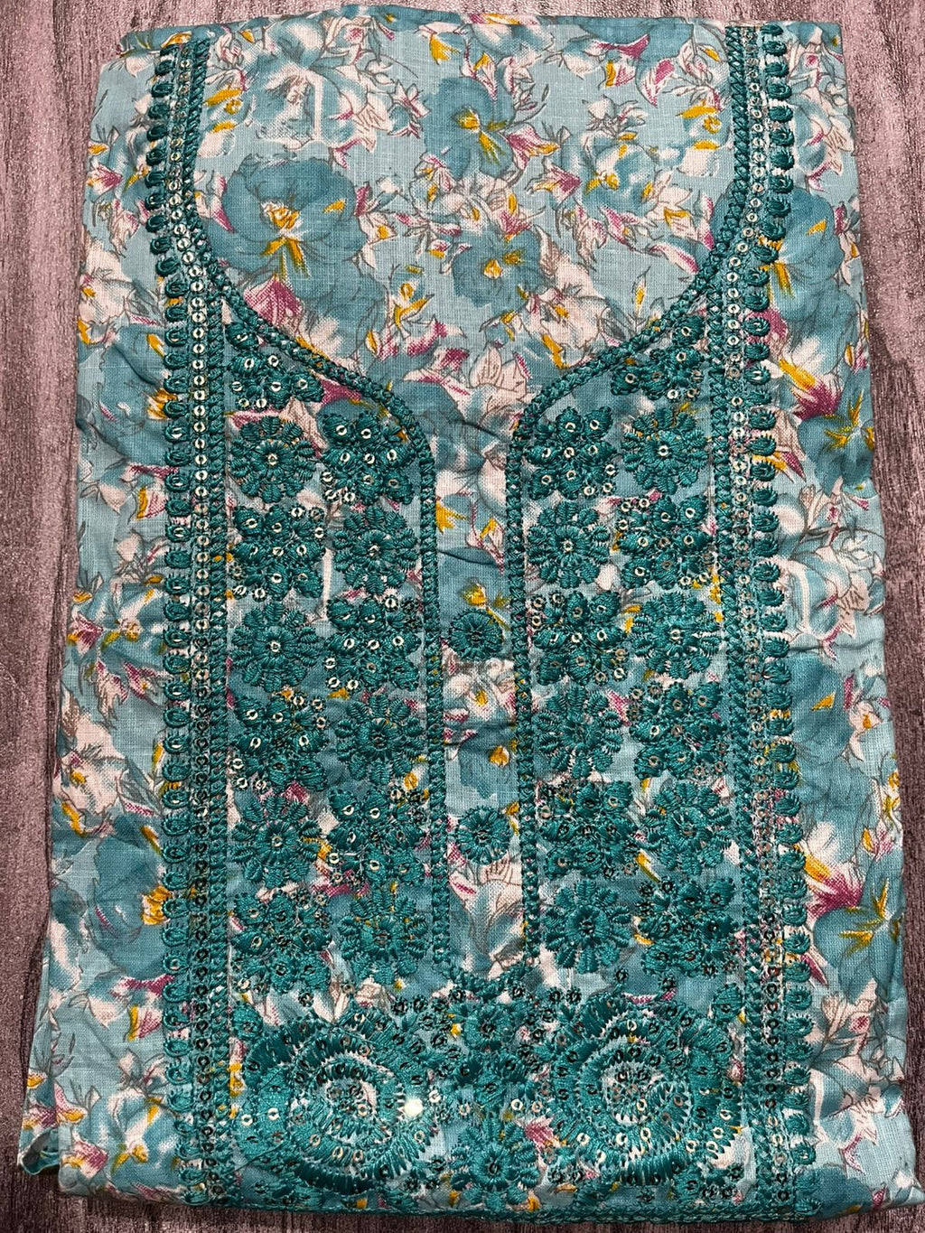 Sky Blue Floral Embroidered Cotton 3-Piece Suit